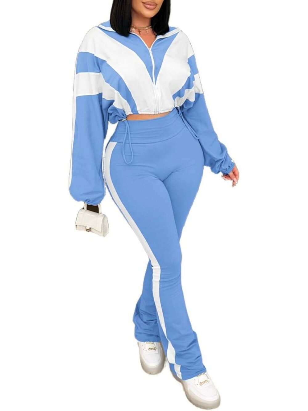 Chic Color Block 2-Piece Outfit: Zip Jacket & Bodycon Long Pants Set for Women